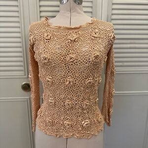 Crochet Lace Rosette Top | Sheer Long Sleeve | Peach/Orange